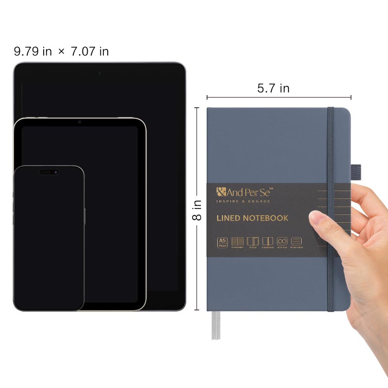 ⩓ Per Se Lined Journal Notebook، 160 صفحة، A5 5.7 × 8 بوصة مجلات ورقية سميكة مسطرة بالكلية للكتابة، دفاتر ملاحظات ذات غلاف فني للنساء والرجال والمدرسة (عبوة واحدة، أزرق داكن) - Image 2